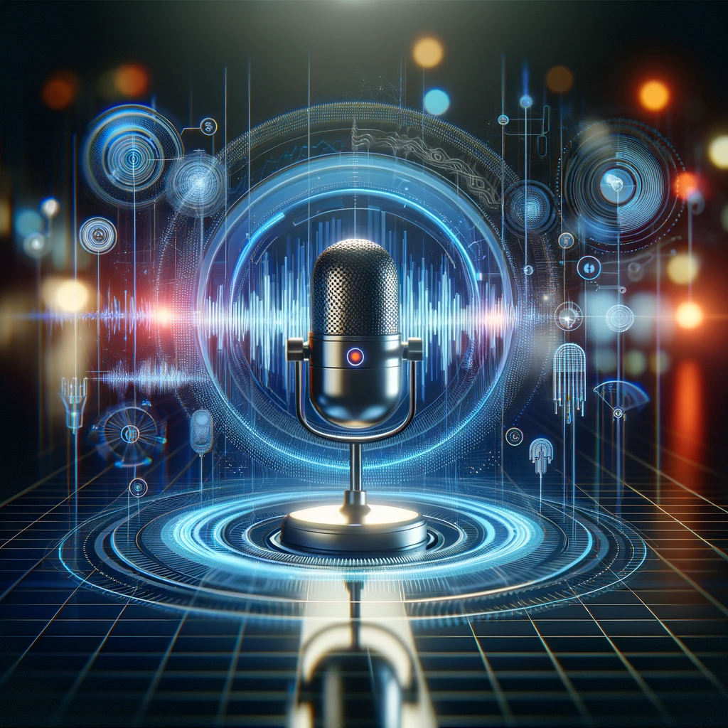 DALL·E 2024-01-09 19.44.58 - A modern and innovative image representing _Speech Processing_ as a service. The image should feature visual representations of sound waves, microphon